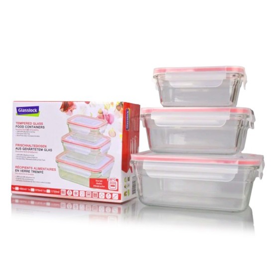 Set of 3 glass casseroles, Red - Glasslock