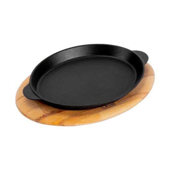 Owalna taca fajita, żeliwna, 24 x 18 cm, z drewnianym podstawkiem - LA