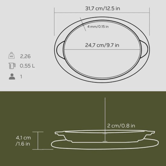 Oval fajita tray, cast iron, 24 x 18 cm, with wooden stand - LAVA