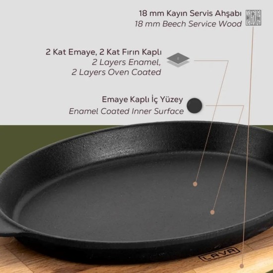 Oval fajita tray, cast iron, 24 x 18 cm, with wooden stand - LAVA