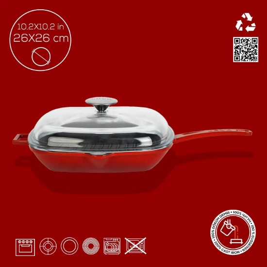 Bistecchiera con coperchio, ghisa, 26 x 26 cm, gamma "Glaze", rossa - marca LAVA