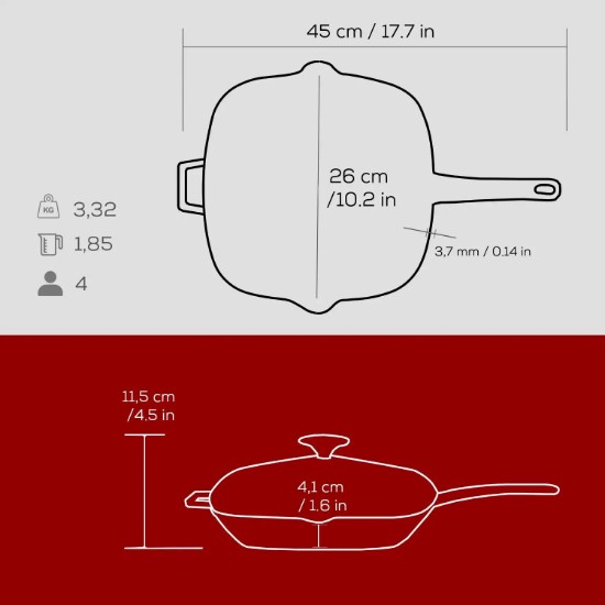 Bistecchiera con coperchio, ghisa, 26 x 26 cm, gamma "Glaze", rossa - marca LAVA