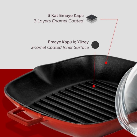 Bistecchiera con coperchio, ghisa, 26 x 26 cm, gamma "Glaze", rossa - marca LAVA