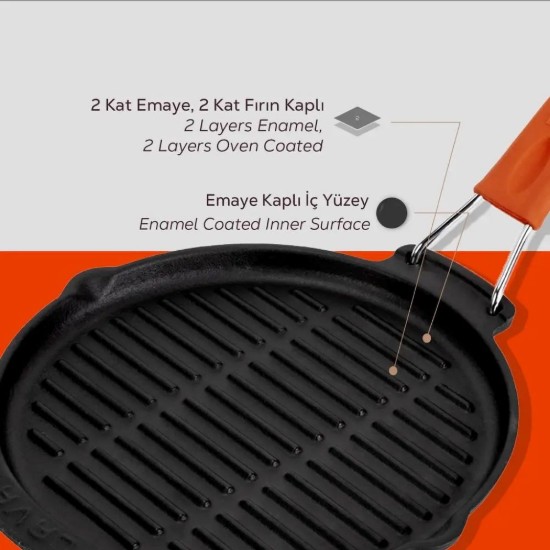 Rund grillpanne, 23 cm, oransje håndtak - LAVA-merke