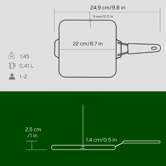 Τηγάνι ψησίματος, από χυτοσίδηρο, 21 x 21 cm, πράσινη λαβή - LAVA