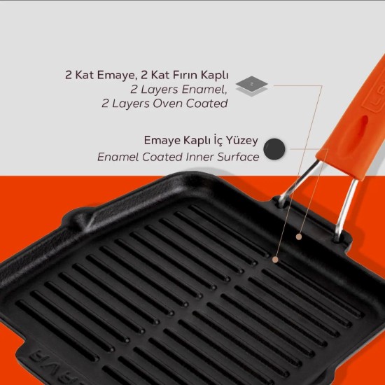 Grill pan, 21 x 21 cm, orange handle - LAVA brand