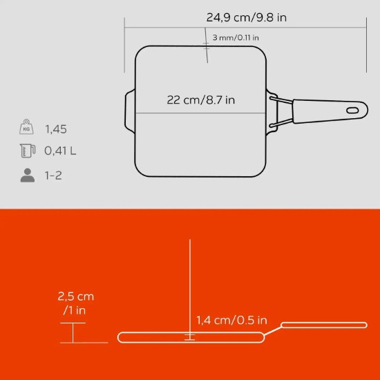 Grill pan, 21 x 21 cm, orange handle - LAVA brand
