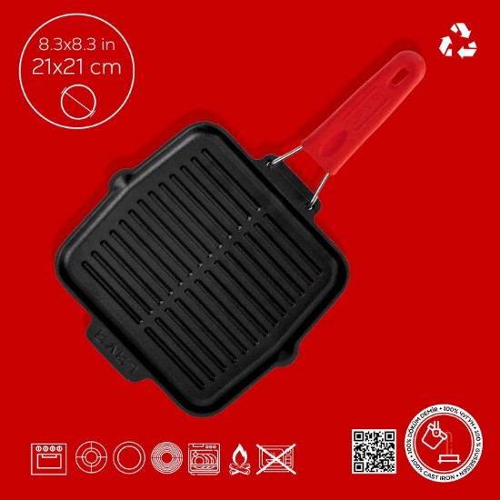 Bistecchiera in ghisa, 21x21 cm, manico rosso - LAVA