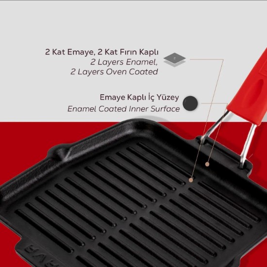 Bistecchiera in ghisa, 21x21 cm, manico rosso - LAVA