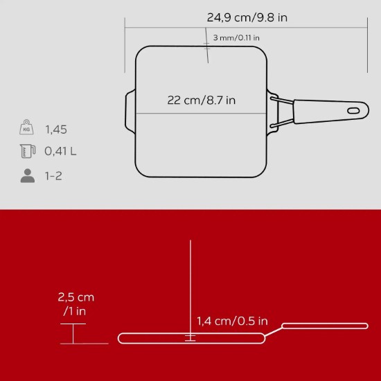 Bistecchiera in ghisa, 21x21 cm, manico rosso - LAVA