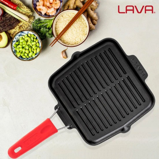 Bistecchiera in ghisa, 21x21 cm, manico rosso - LAVA