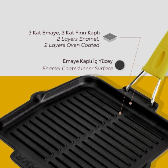 Grill pan, 21 x 21 cm, yellow handle - LAVA brand