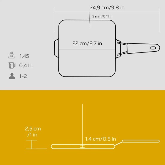 Grill pan, 21 x 21 cm, yellow handle - LAVA brand