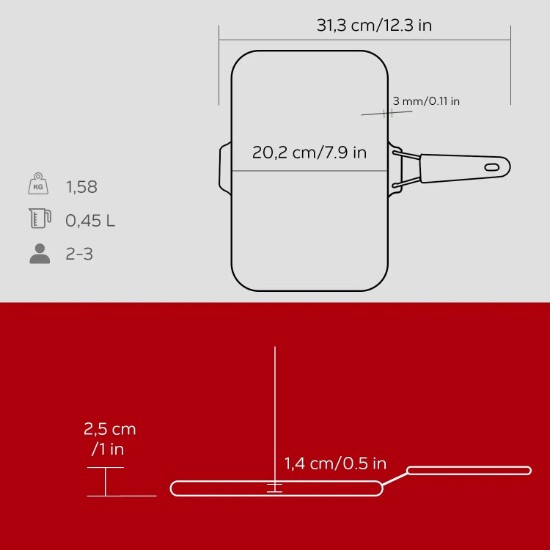 Grill pan, 21 x 30 cm, red handle - LAVA brand