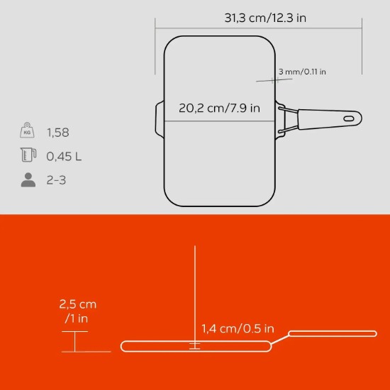 Grill pan, 21 x 30 cm, orange handle - LAVA