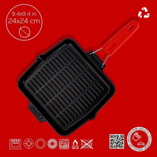 Kvadratinė grilio keptuvė, 24 x 24 cm, raudona rankena - LAVA