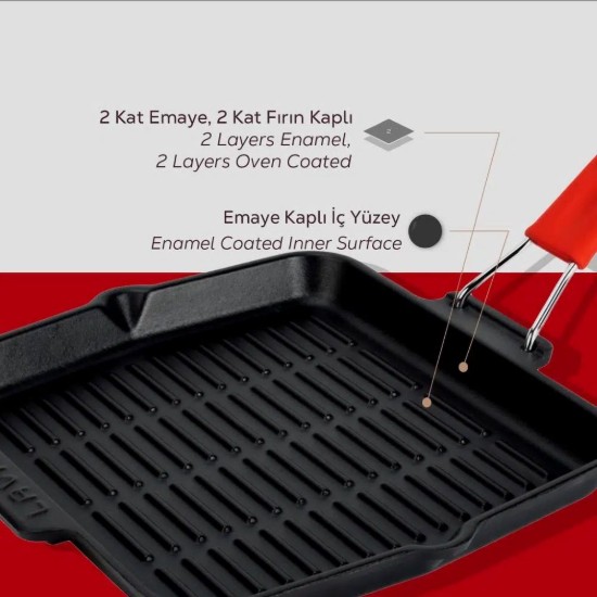 Kvadratinė grilio keptuvė, 24 x 24 cm, raudona rankena - LAVA