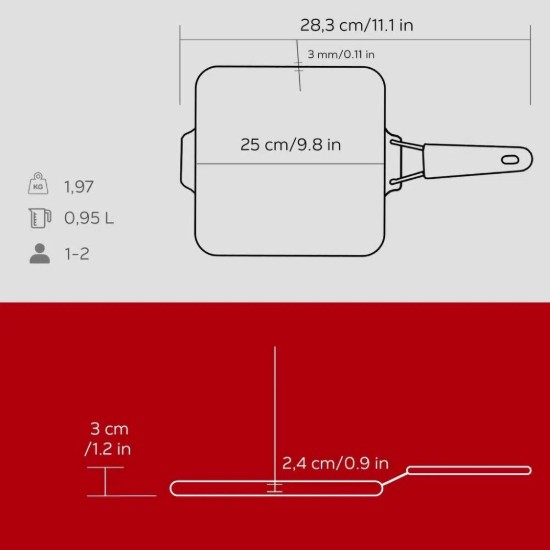 Poêle à griller carrée, 24 x 24 cm, poignée rouge - LAVA