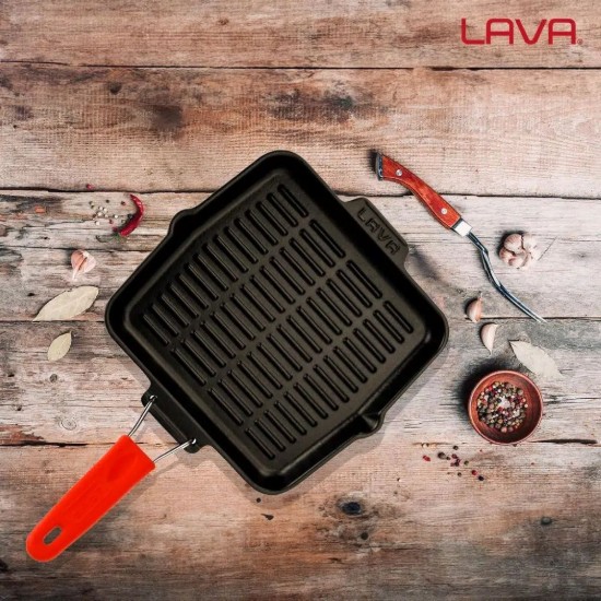 Poêle à griller carrée, 24 x 24 cm, poignée rouge - LAVA