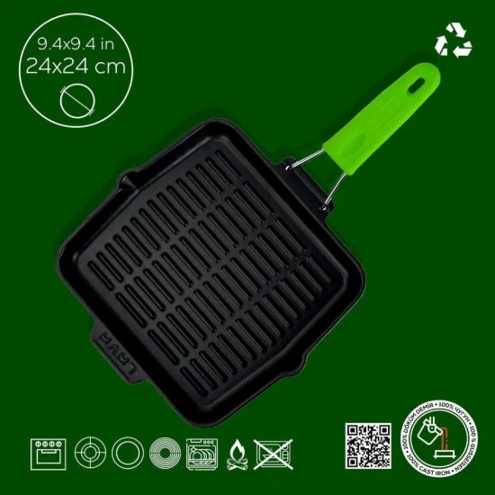 Grelha quadrada de ferro fundido, 24 x 24 cm, cabo verde - LAVA