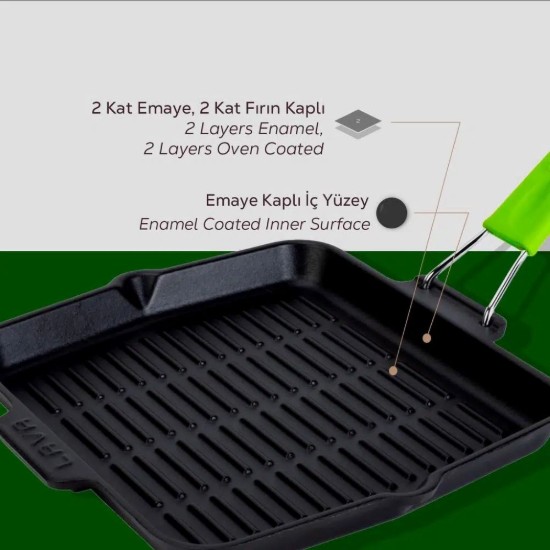 Τετράγωνο τηγάνι ψησίματος, από χυτοσίδηρο, 24 x 24 cm, πράσινη λαβή - LAVA