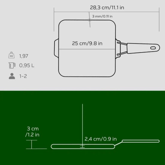 Τετράγωνο τηγάνι ψησίματος, από χυτοσίδηρο, 24 x 24 cm, πράσινη λαβή - LAVA