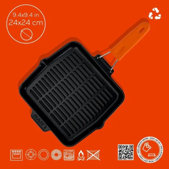 Grelha quadrada de ferro fundido, 24 x 24 cm, com cabo laranja - LAVA