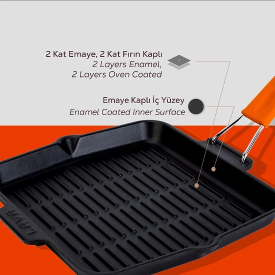 Grelha quadrada de ferro fundido, 24 x 24 cm, com cabo laranja - LAVA