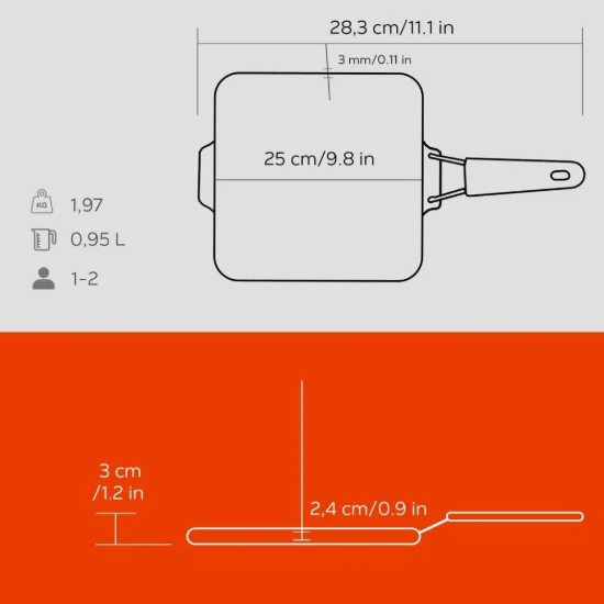 Grelha quadrada de ferro fundido, 24 x 24 cm, com cabo laranja - LAVA