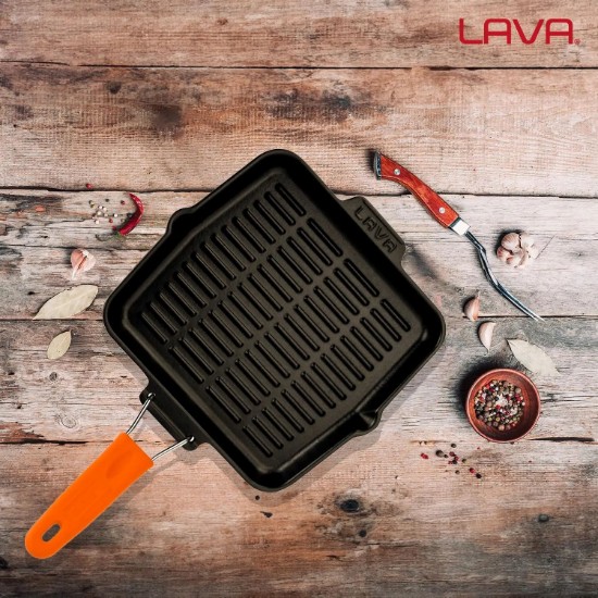 Grelha quadrada de ferro fundido, 24 x 24 cm, com cabo laranja - LAVA