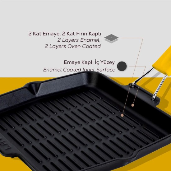 Panna grill, cearnach, iarann ​​teilgthe, 24 x 24 cm, láimhseáil buí - LAVA