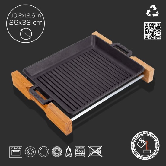 Grillbak, gietijzer, 26 x 32 cm, met houten voet - LAVA