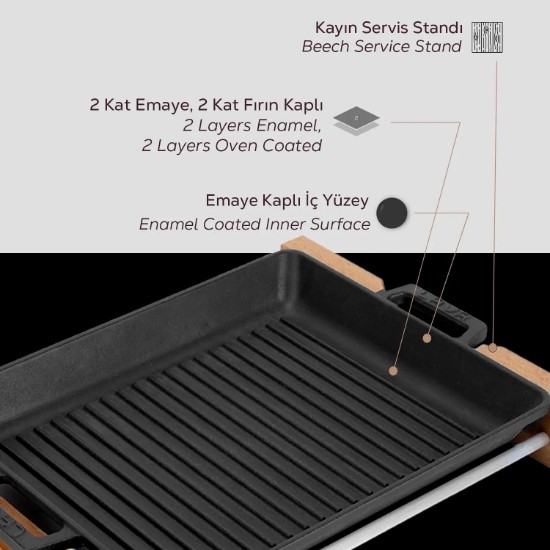 Grilltablett, Gusseisen, 26 x 32 cm, mit Holzständer - LAVA
