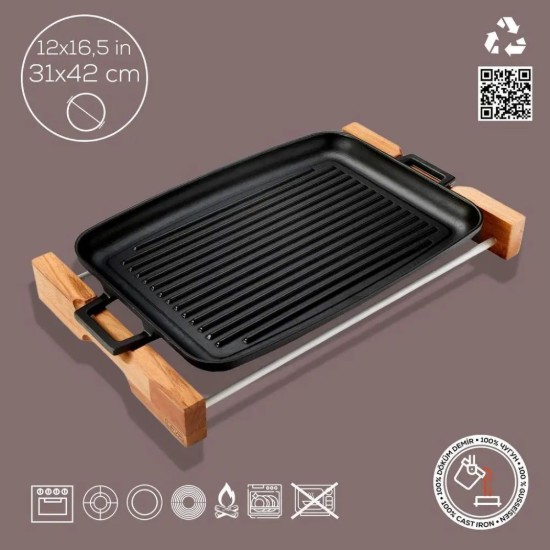 Cast iron grill, 41.5 x 30 cm, with wooden stand - LAVA