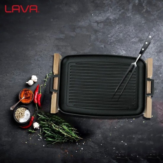 Cast iron grill, 41.5 x 30 cm, with wooden stand - LAVA