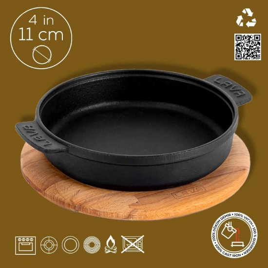 Mini puodas, ketaus, 10 cm, su mediniu pagrindu - LAVA