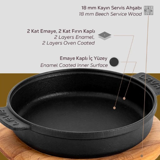 Mini puodas, ketaus, 10 cm, su mediniu pagrindu - LAVA