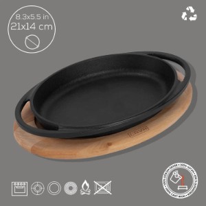 Oválny liatinový podnos, 21 x 14 cm, s dreveným stojanom - značka LAVA