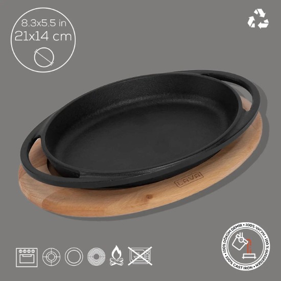 Ovales Tablett aus Gusseisen, 21 x 14 cm, mit Holzständer - Marke LAVA