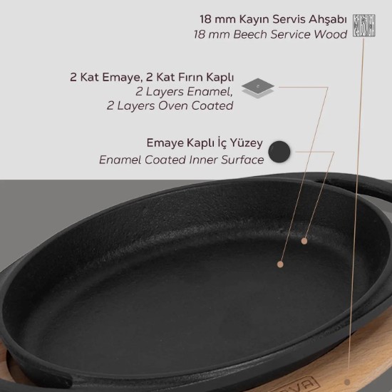 Ovales Tablett aus Gusseisen, 21 x 14 cm, mit Holzständer - Marke LAVA