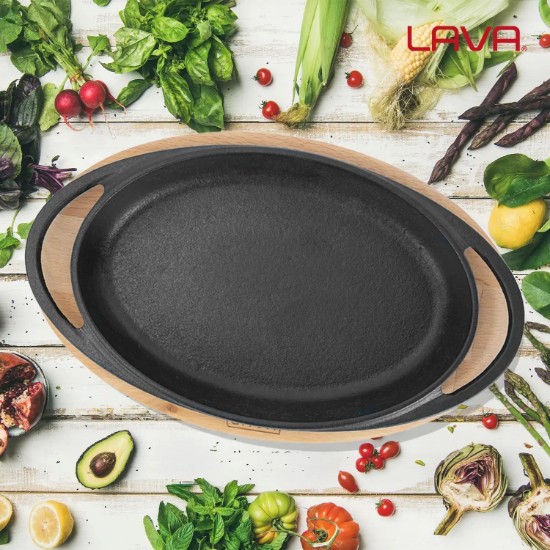 Ovales Tablett aus Gusseisen, 21 x 14 cm, mit Holzständer - Marke LAVA