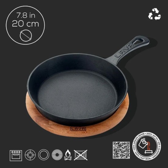 Litinová pánev, 20 cm, s dřevěným stojanem - značka LAVA