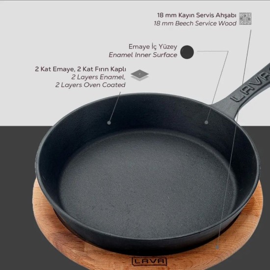 Litinová pánev, 20 cm, s dřevěným stojanem - značka LAVA