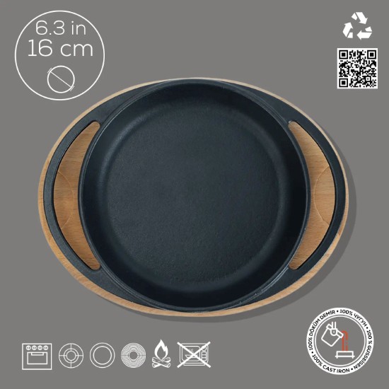 Bandeja de ferro fundido, 16 cm, com suporte de madeira - LAVA