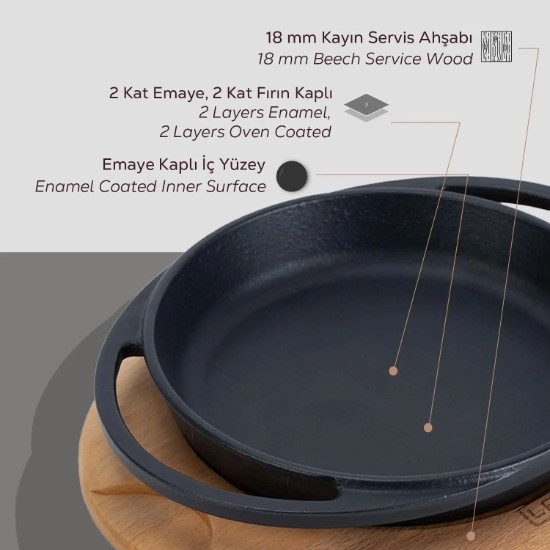 Bandeja de ferro fundido, 16 cm, com suporte de madeira - LAVA