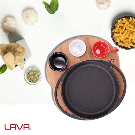 Чугунен поднос за сервиране, кръгъл, с дървена стойка, 20 см - марка LAVA