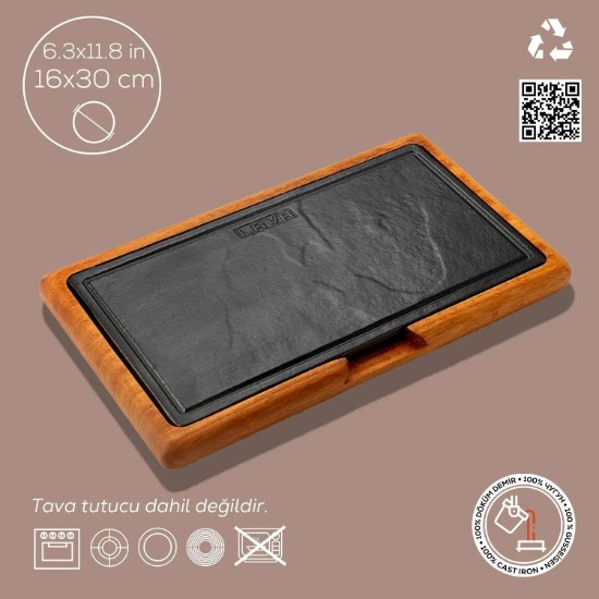 Cast iron platter, 16 x 30 cm, with wooden stand - LAVA brand