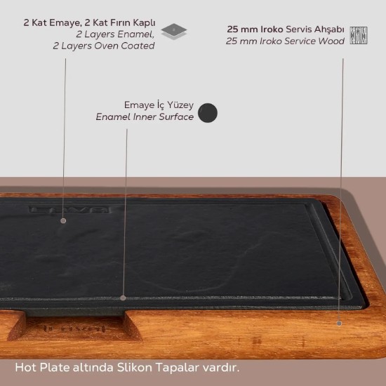 Cast iron platter, 16 x 30 cm, with wooden stand - LAVA brand