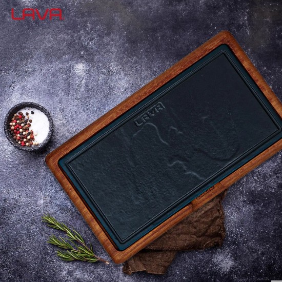 Cast iron platter, 16 x 30 cm, with wooden stand - LAVA brand