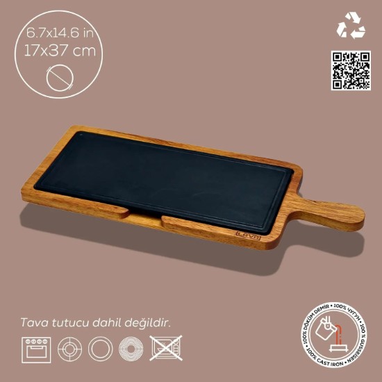 Servierplatte aus Gusseisen mit Holzunterlage 17 x 37 cm - Marke LAVA